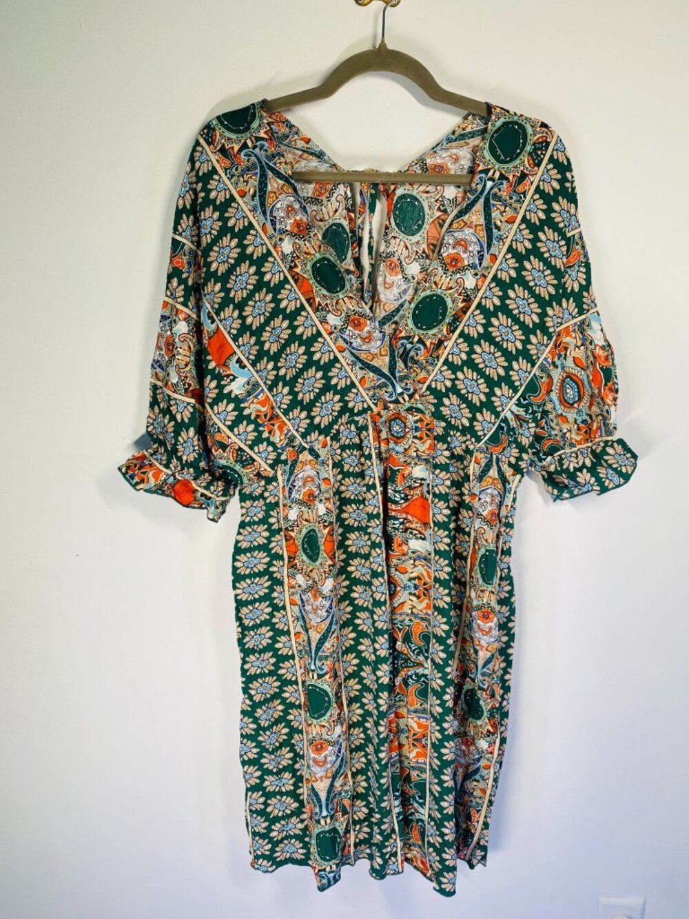Boho Floral Print Midi Dress With Paisley Accents Green & Orange V-Neck Short Sl